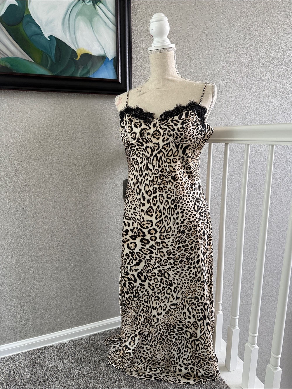 Astr Leopard Print Satin Slip Dress with Black Lace Trim